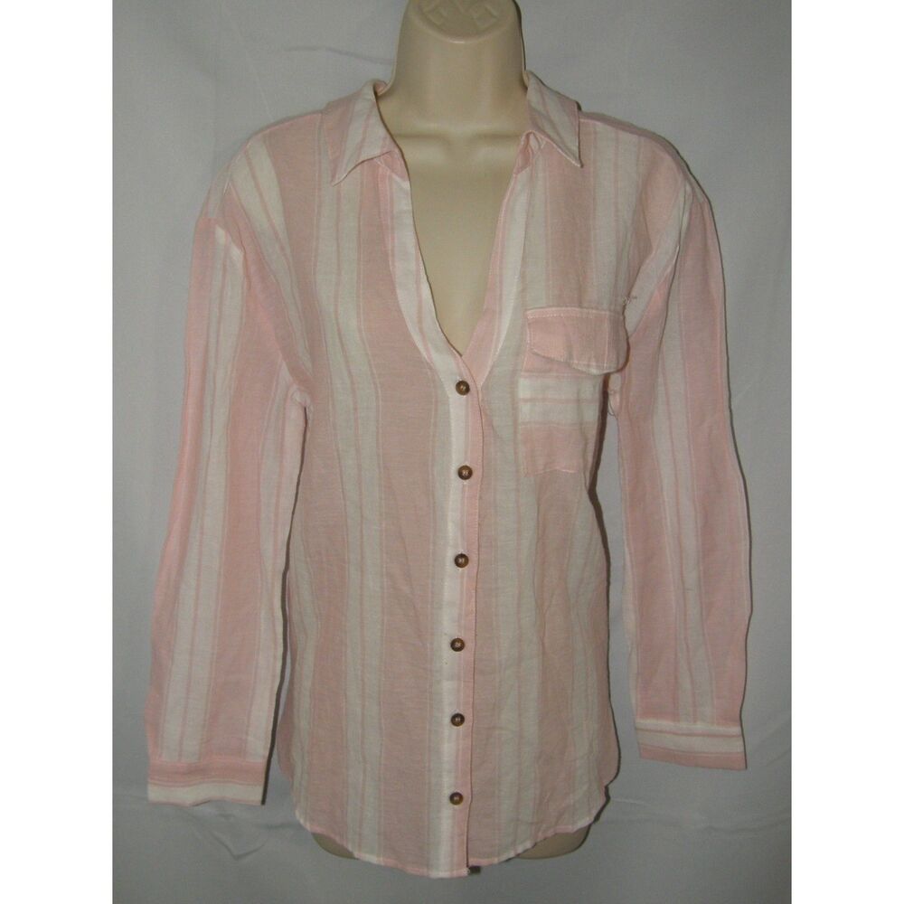 SHE & SKY Pink Striped Sz Small Button Up Keyhole Back Roomy Gauze Shirt NWT NEW